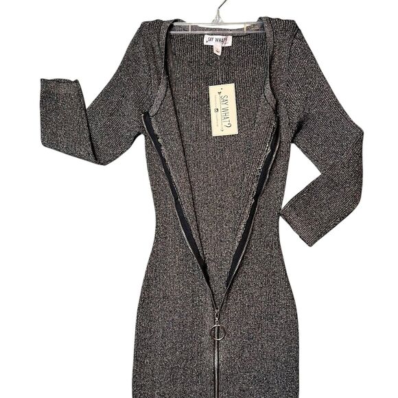 Say What Dress Womens Large Black Silver Zip Front Metallic Bodycon Party Knit - Picture 12 of 14